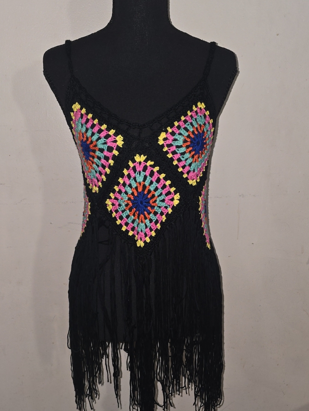 Hera Collection Black Crochet Fringe Camisole with Multicolor Diamond Accents